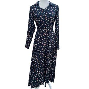 Vintage Eddie Bauer Navy Floral Maxi Dress Small Belted Waist Prairiecore